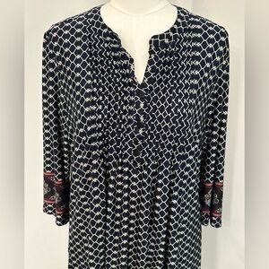 Reborn Midi Dress Button & Pleated Neckline 3/4 Sleeves Navy w/Pop of Color